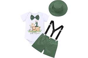 IDOPIP First Birthday Outfit Boy Baby Lion Cake Smash Clothes Safari Animals Romper Suspenders Shorts Hat Set for Photo Shoot
