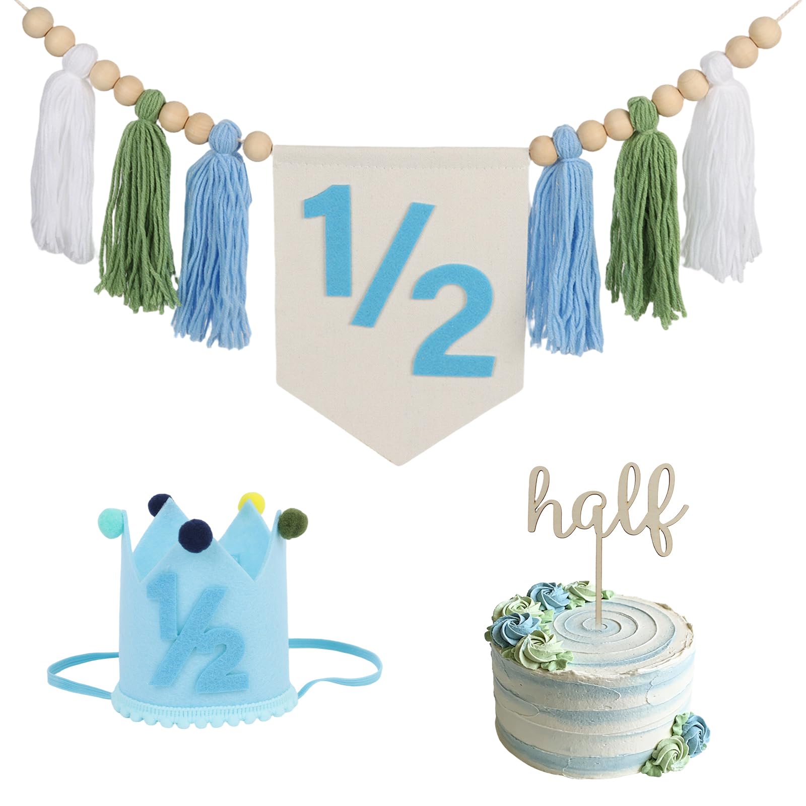 1/2 Birthday Decorations Highchiar Banner for Boys Girls - Blue Half Hat With Cake Topper - 1/2 Birthday High Chiar Banner for Phote Backdrop Party Decor (Size13)