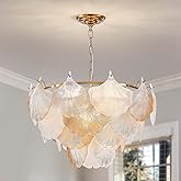 Saint Mossi Modern Chandeliers for Dining Room, Pendant Light Fixture for Living Room, Ripple White & Champagne Ginkgo Leaf G
