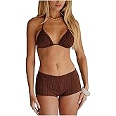 MakeMeChic Women's Striped Bikini Set Halter Triangle Tie Backless String Swimsuit with Boyshorts