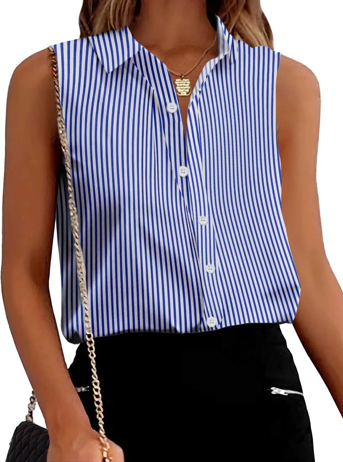 Photo 1 of Zeagoo Women's Sleeveless Button Down Shirts Work Blouses Casual V Neck Tank Tops Stripe