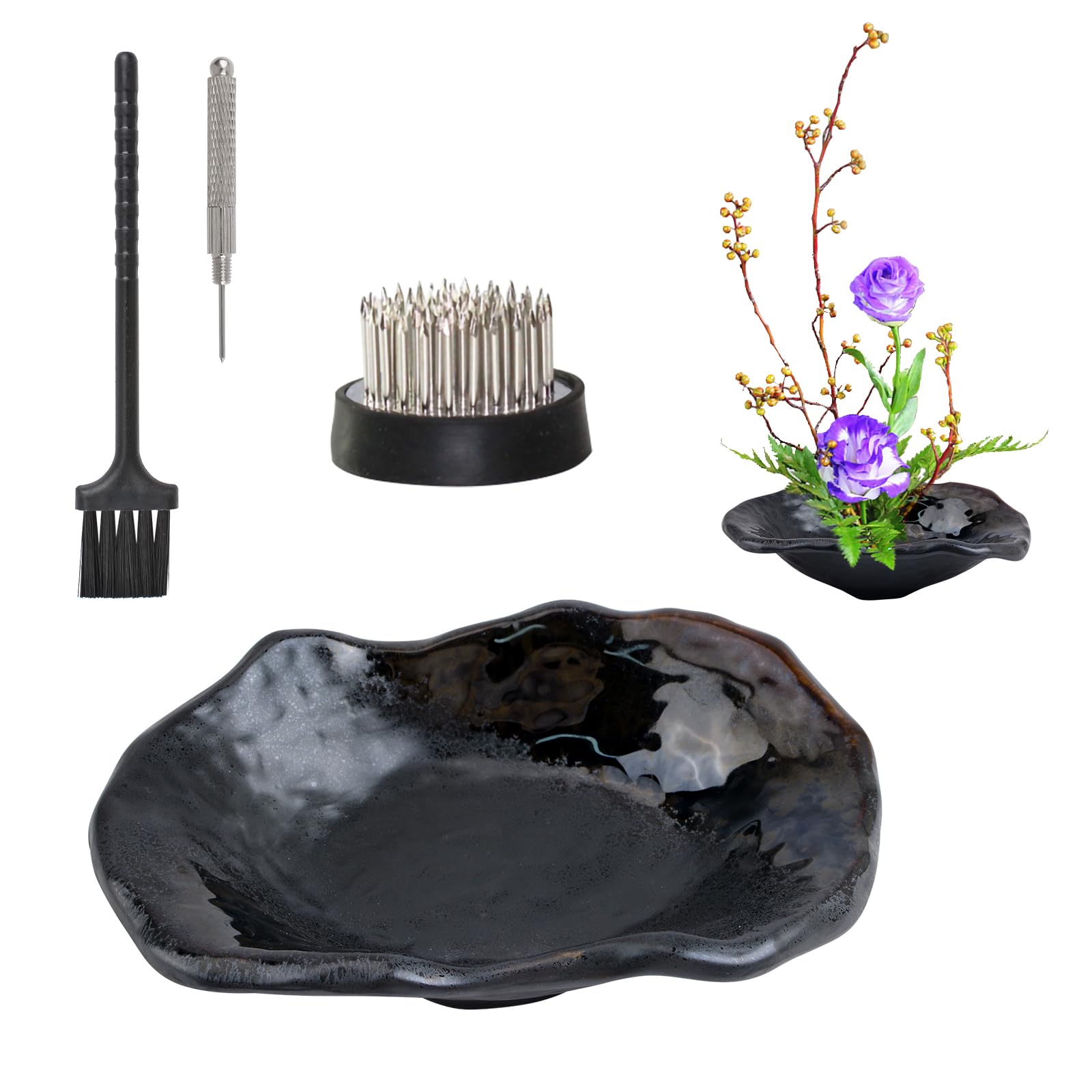 WANDIC Flower Arranging Pot, Irregular Ceramic Kenzan Flower Pot With 4.6cm Flower Pin Frog Black Flower Vase With Glaze In Random Color For Ikebana Flower Arranging Art