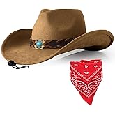 Wildarms Cowboy Hat with Bandana - Adjustable Wide Brim Western Hat for Men & Women,Rodeo Christmas Cowgirl Hats Gifts