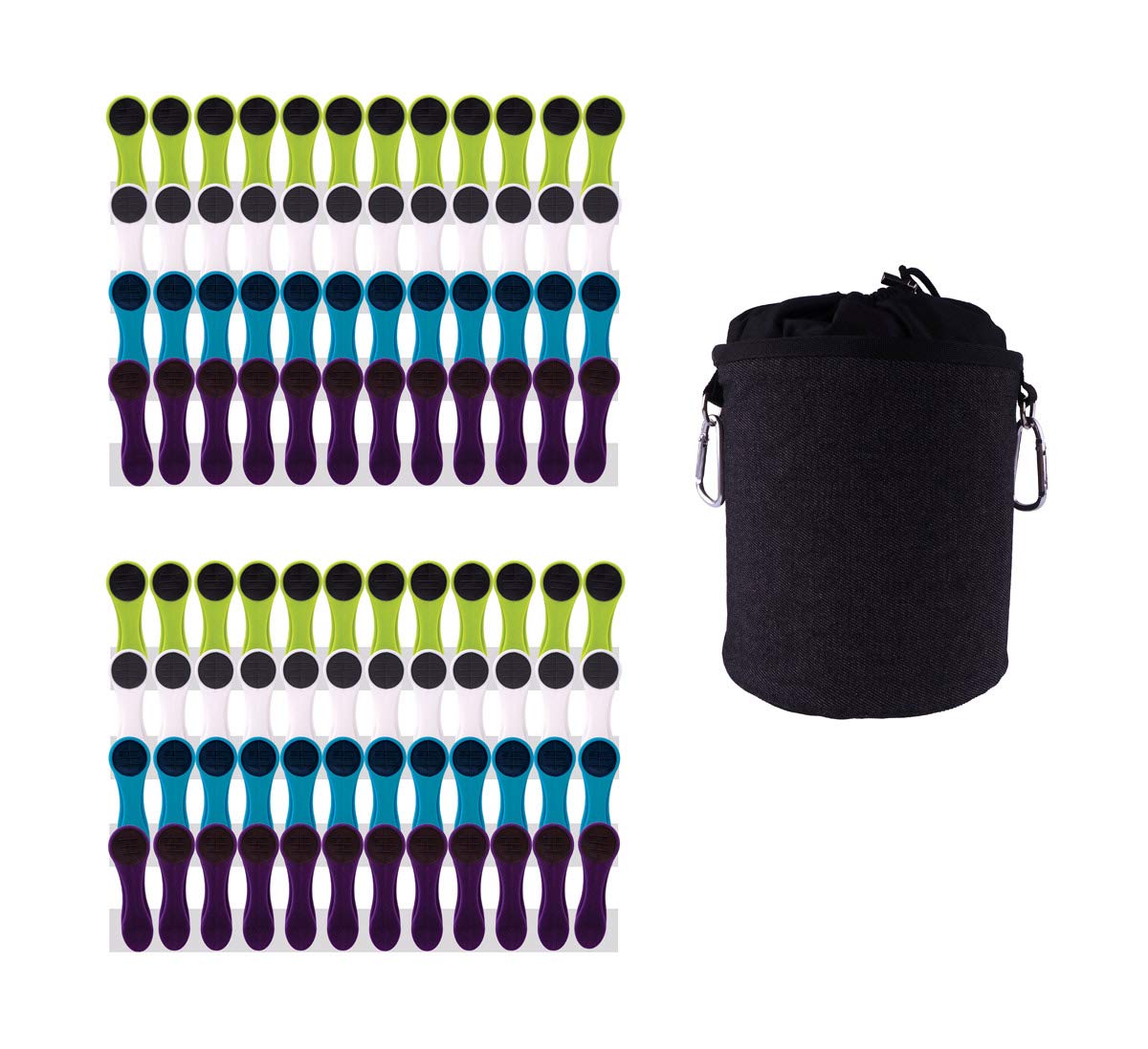 96 Clothes Pegs with Soft Grip and 1 Clothes Peg Bag - White, Blue, Green, Purple & Black Bag