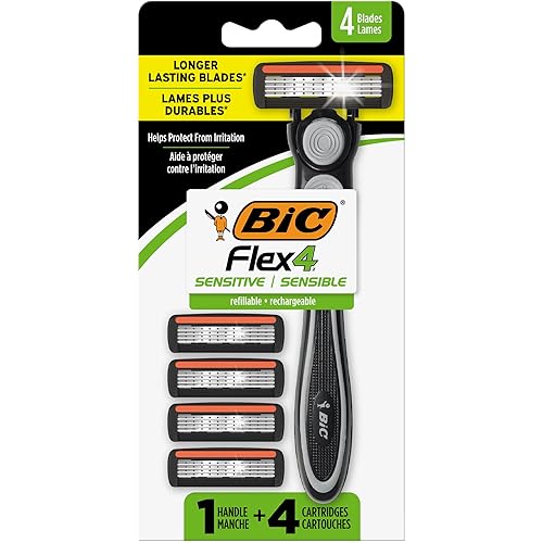 BIC Flex 4 Men's Refillable with 4 Blade Razors, Durable and Long-Lasting with Lubricating Strip, 1 Handle and 4 Cartridges, 4-Pack