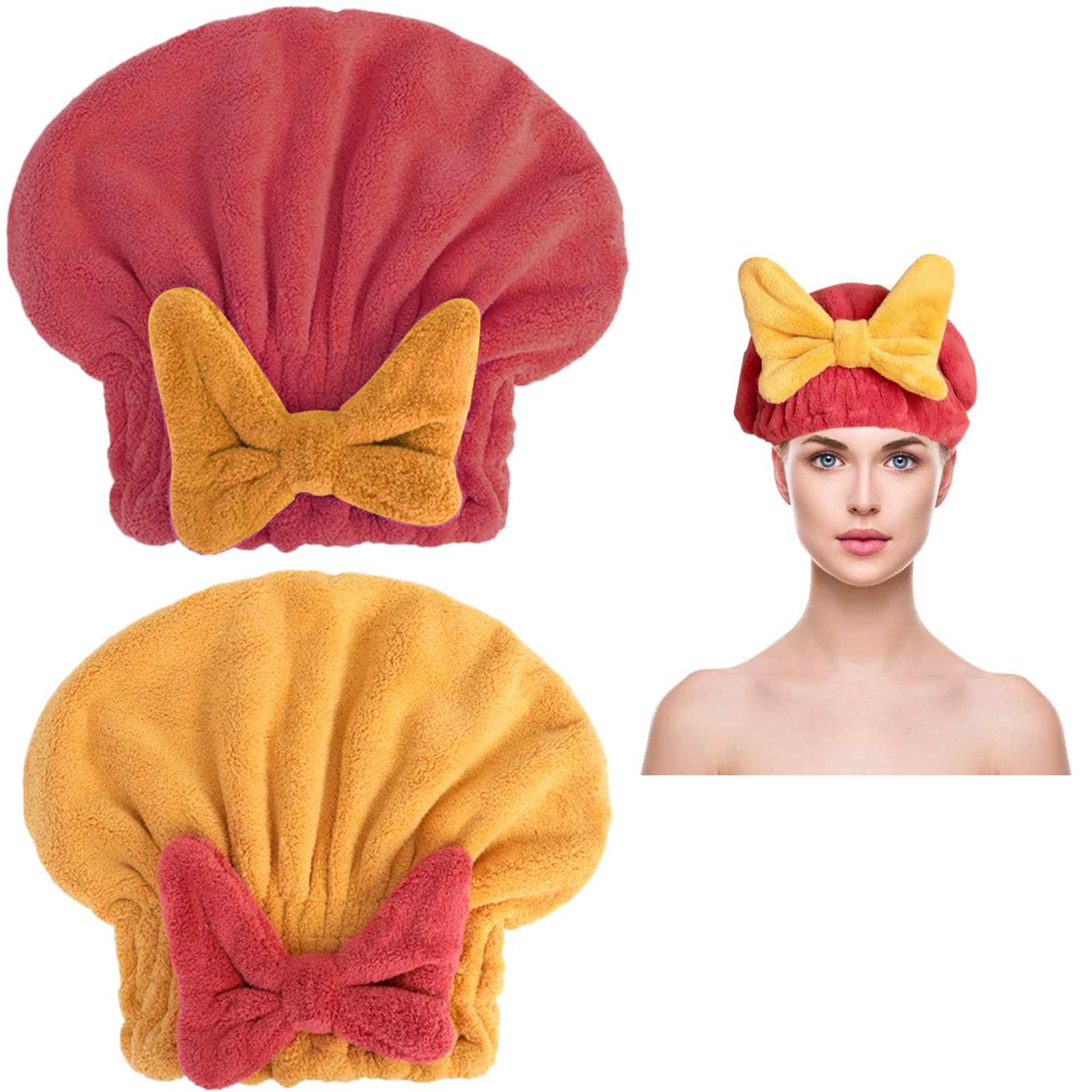 KASESSS 2-Piece Microfibre Hair Towel, Soft & Quick-Dry Hair Turbans, Yellow & Pink