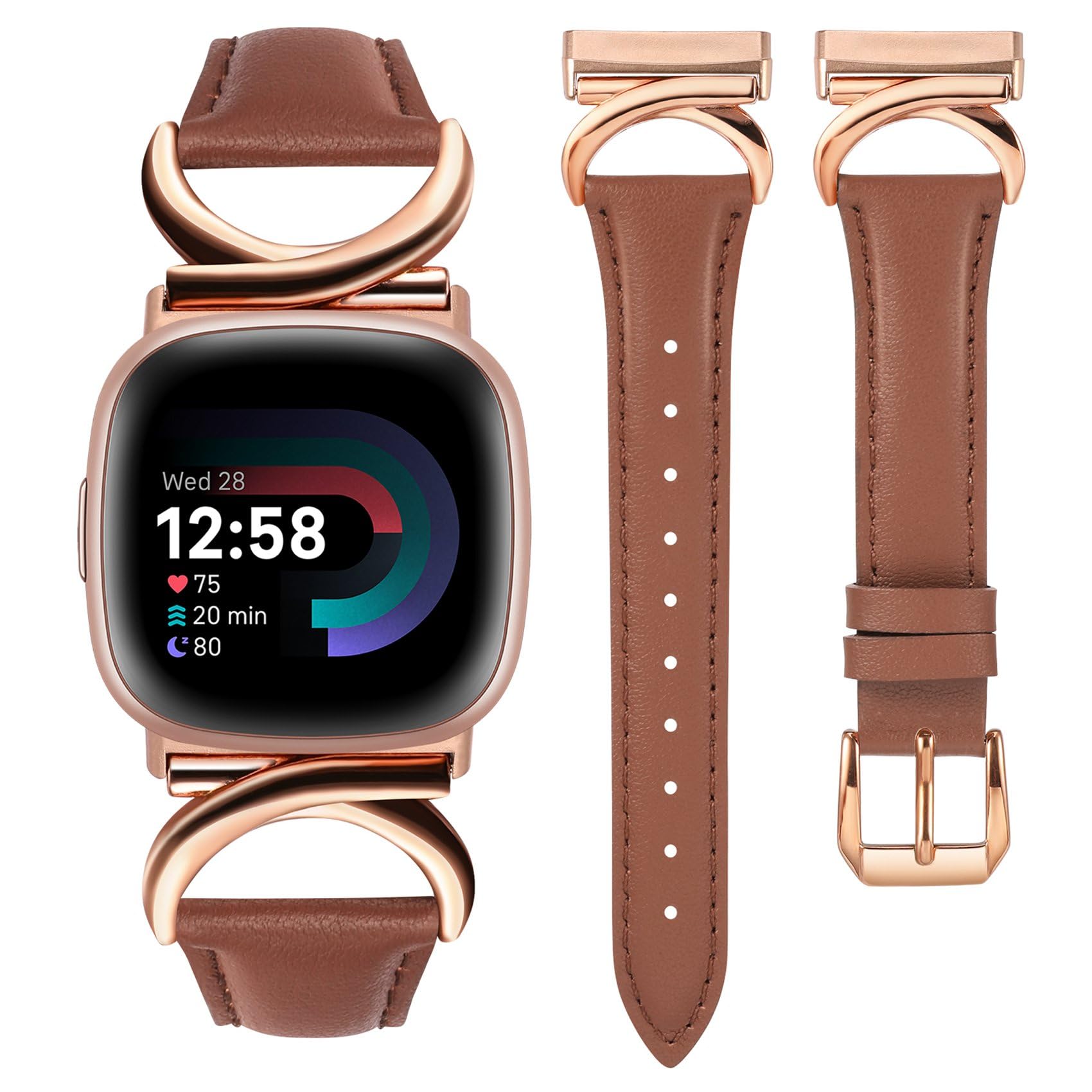 TOYOUTHS Leather Strap Compatible with Fitbit Versa 4/Versa 3/Sense 2 Women Slim Thin Dressy Elegant Premium Leather Strap with C-Shaped Metal Buckle, Brown/Rose Gold