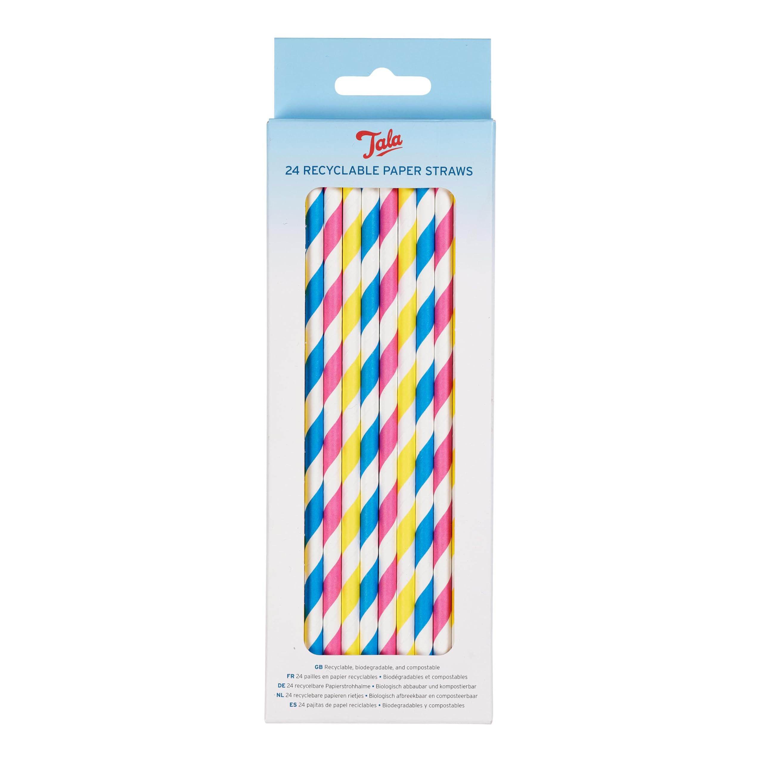 Tala Pastel Paper Straws - Recyclable Colourful Striped Drinking Straws, Non-Soggy & Food Safe Disposable Straws - Suitable for All Occasions - 24 Pack, 20cm x 0.5cm, Neon