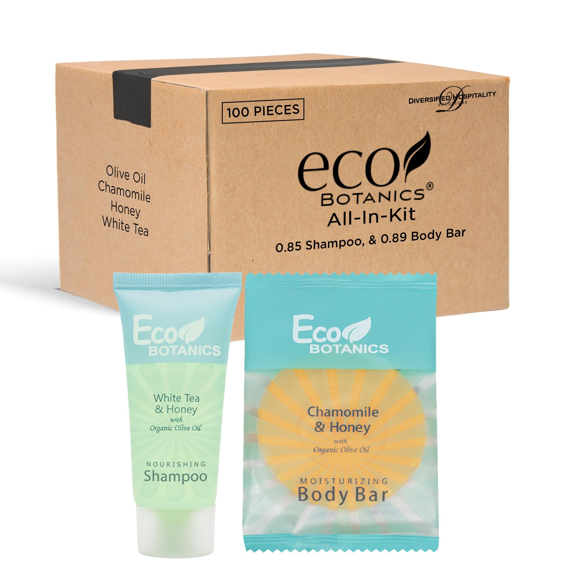 Eco Botanics Hotel Soaps & Toiletries Bulk Set | 1-Shoppe Amenities Kit for Hotels & Vacation Rentals | 0.85 oz Conditioning Shampoo & 0.89 oz Bar Soap | 100 Pieces