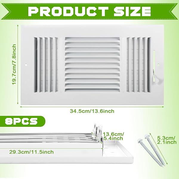 GISAFAI 8 PCS VENT COVERS 12 X 6 INCH HVAC SIDEWALL AIR CEILING REGISTER 3 WAY VENTS FOR WALL SOLID STEEL MANUAL ADJUSTER FOR HOME, BATHROOM, TOILET, OFFICE (WHITE)