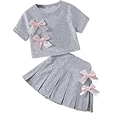 BekeBig Girl's 2 Piece Outfits Short Sleeve 3D Bowknot Shirts Pleated Skirt Set Summer Clothing Sets for 8-12Y