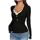 Milumia Women's Ribbed Knit Long Sleeve Henley T Shirt Y2K Lace Trim V Neck Fitted Tee Top