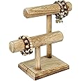 Ikee Design 2 Tier Wooden Jewelry Bracelet Watch Display Tower, Bangle Scrunchie Necklace Holder Storage Stand, Oak Color, 7.9 W x 4.3 D x 9.4 H in