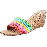 Easyfox Wedge Sandals for Women Open Toe Wedge Heels Womens High Heel Sandal Square Toe Heeled Wedge Sandals Wood Grain Slip on Wedge Mules