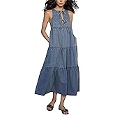 CHARTOU Women Bow Tie Front Lightweight Denim Dress Sleeveless Flowy Long Tank Dress with Pockets