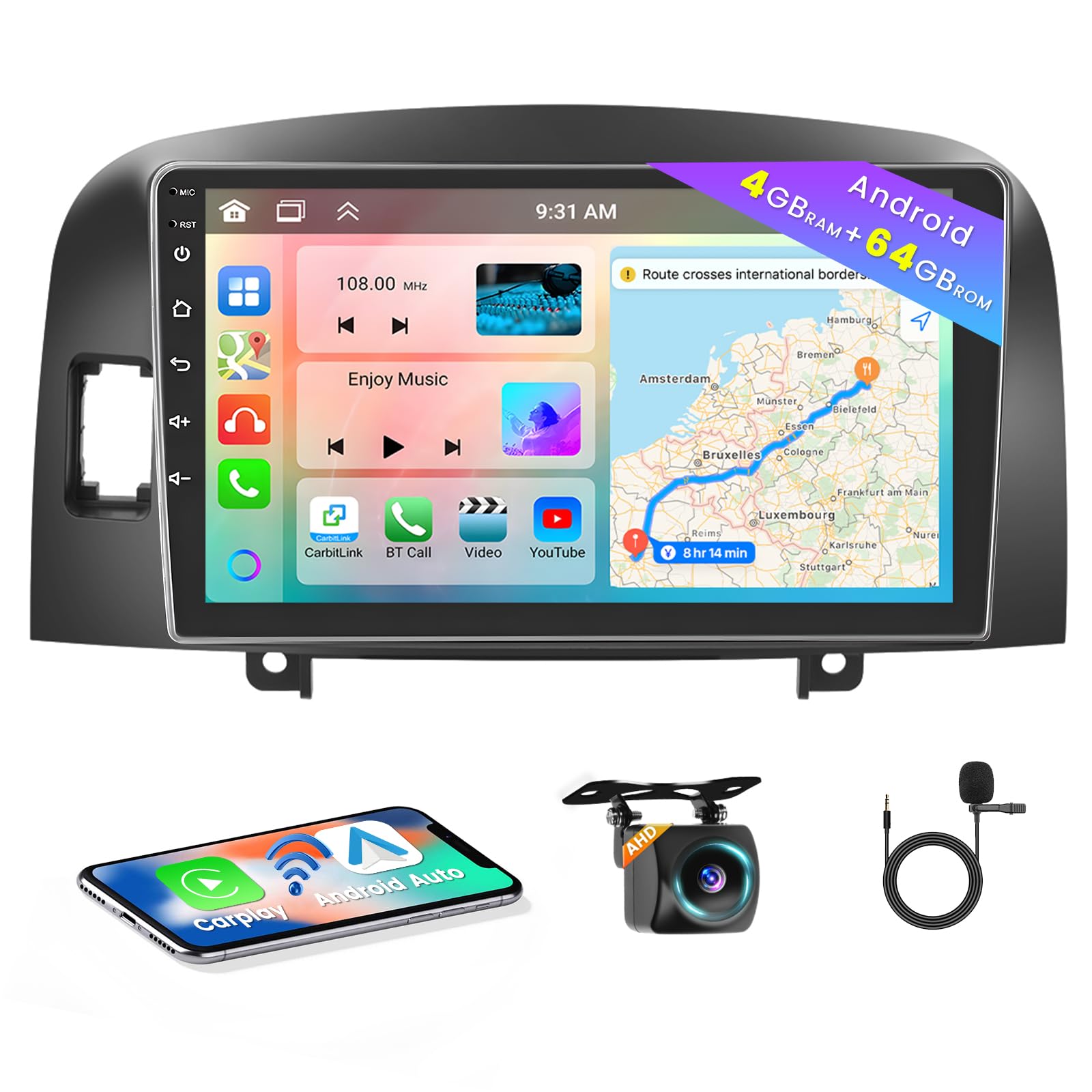 Photo 1 of 8 Core 4+64GB Android Car Stereo for Hyundai Sonata 2004 2005 2006 2007 2008, 9 Inch IPS Touchscreen Car Radio with Wireless Carplay 59UI GPS Navigation WiFi 32EQ DSP Backup Camrea