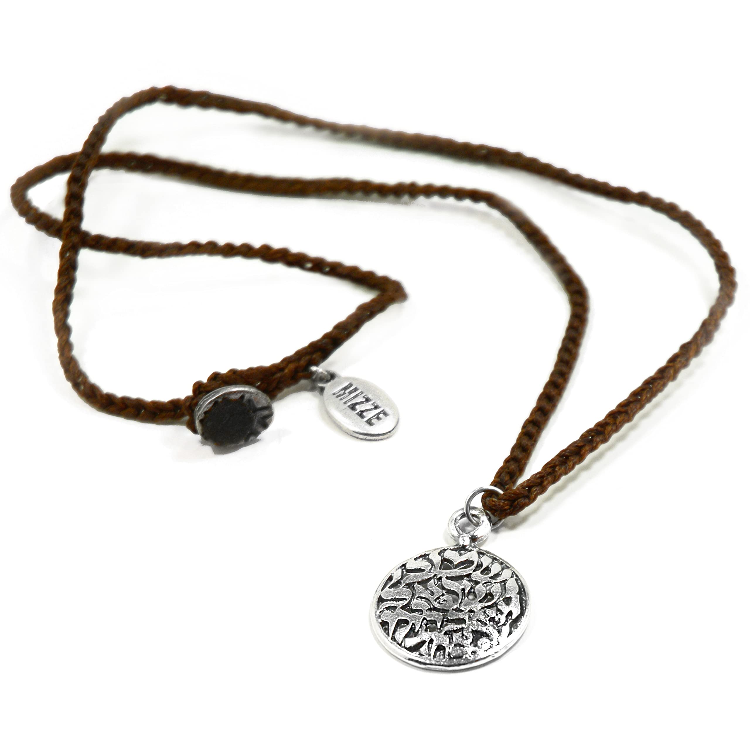 Silver Shema Israel Coin Charm on Brown Knitted Cord 48.5 CM for Men and Women - Handcrafted Spiritual Jewellery