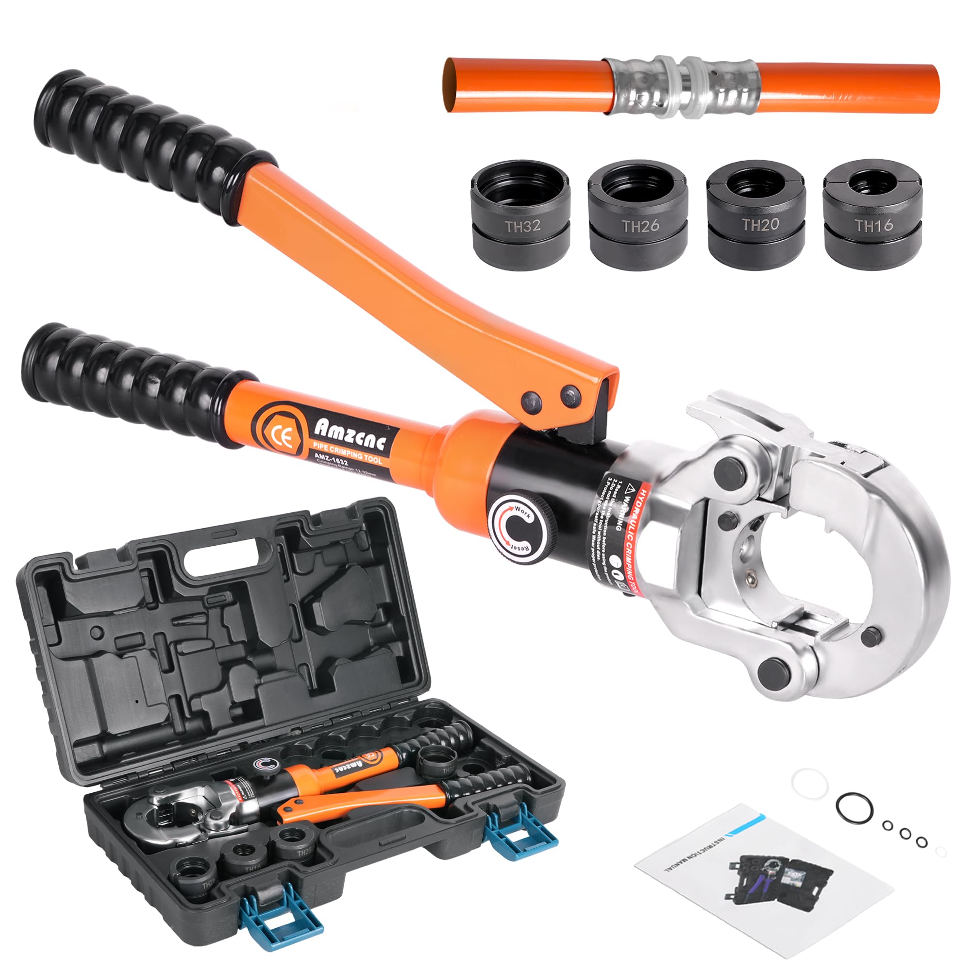 AMZCNC Professional crimping pliers TH-Kontur 16-20-26-32 set press tool with 360° rotating head, for composite pipe with TH contour fittings, jaw inserts TH16, TH20, TH26, TH32 including