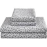 Mooreeke Leopard Cheetah Printed Full Bed Sheets, Soft Microfiber Bedding Sheets &amp; Pillowcases, Deep Pocket Non-Slip Fitted Full Sheet, Silver Grey Animal Pattern Bedsheets