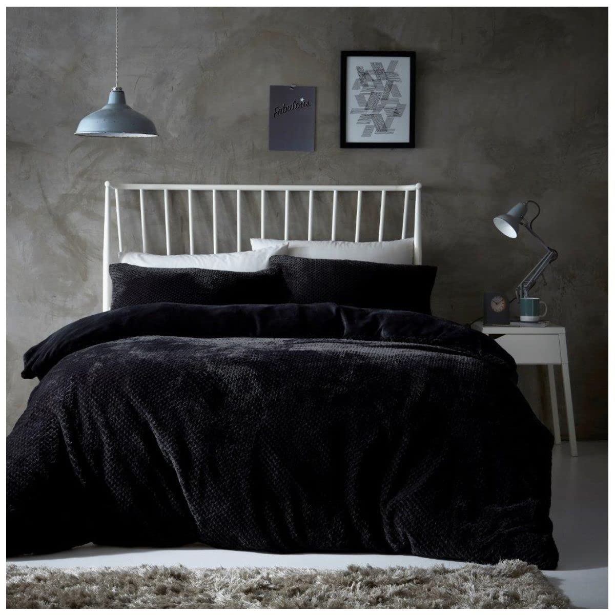 Gaveno Cavailia Popcorn Double Duvet Set Black, Honeycomb Waffle Weave Bedding, 3 Piece Teddy Flannel Fleece Reversible Bedlinen, Easy Care DuvetCover Bedset, 1 Quilt Cover and 2 Pillow Cases