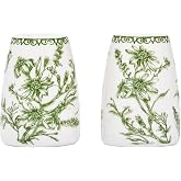 Bico Green Garden Toile De Jouy Ceramic Salt &amp; Pepper Shaker Set, for Kitchen or Decor, Dishwasher Safe