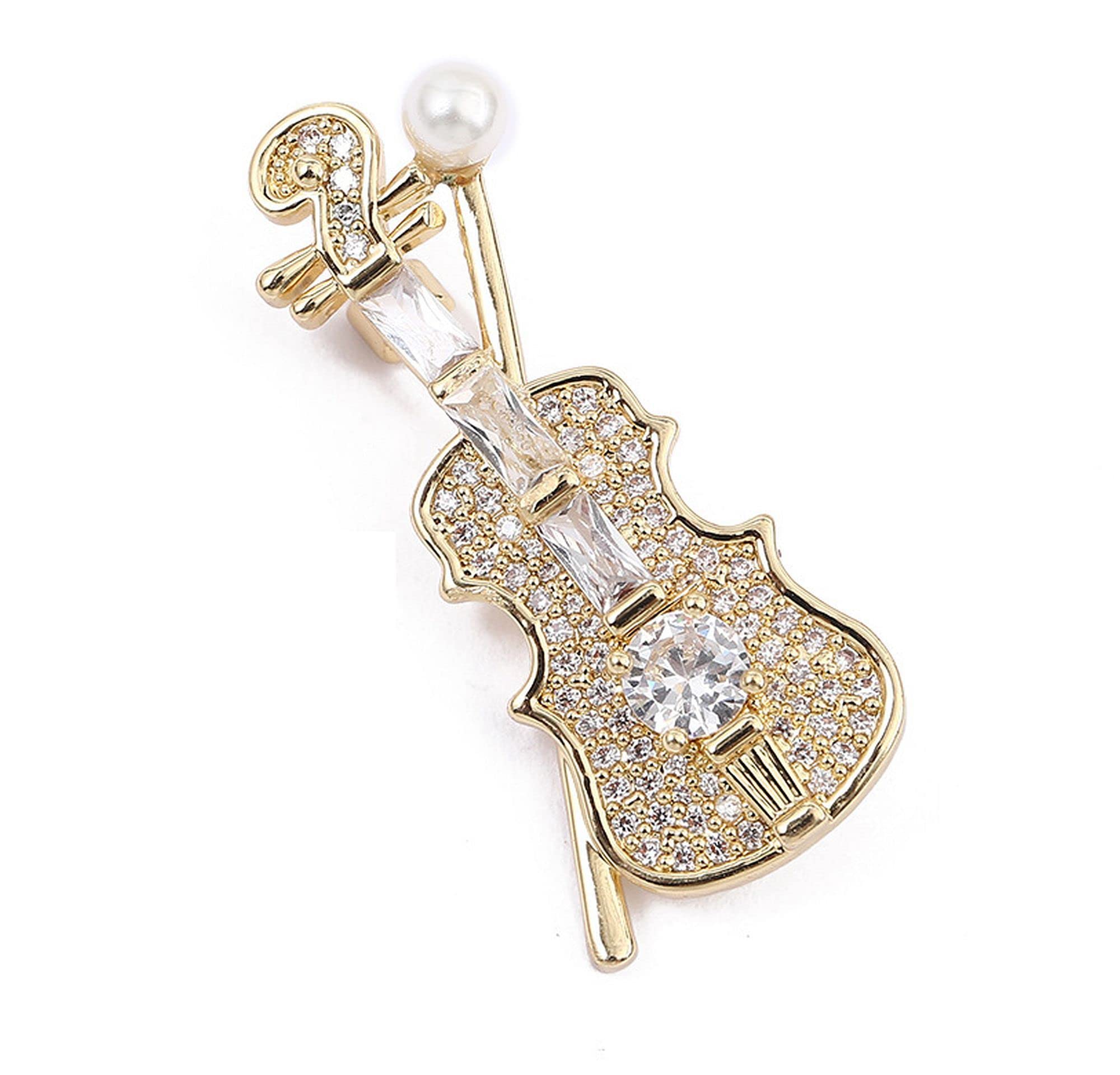 GFM® Violin Music Brooch Pin for Women & Men – Sparkly Rhinestone Crystal Instrument Pin Badge, Elegant Jewellery Accessory – Gift for Music Lovers (Gold with Pearl)(BRCH-VIOLIN-SN-2-PL)