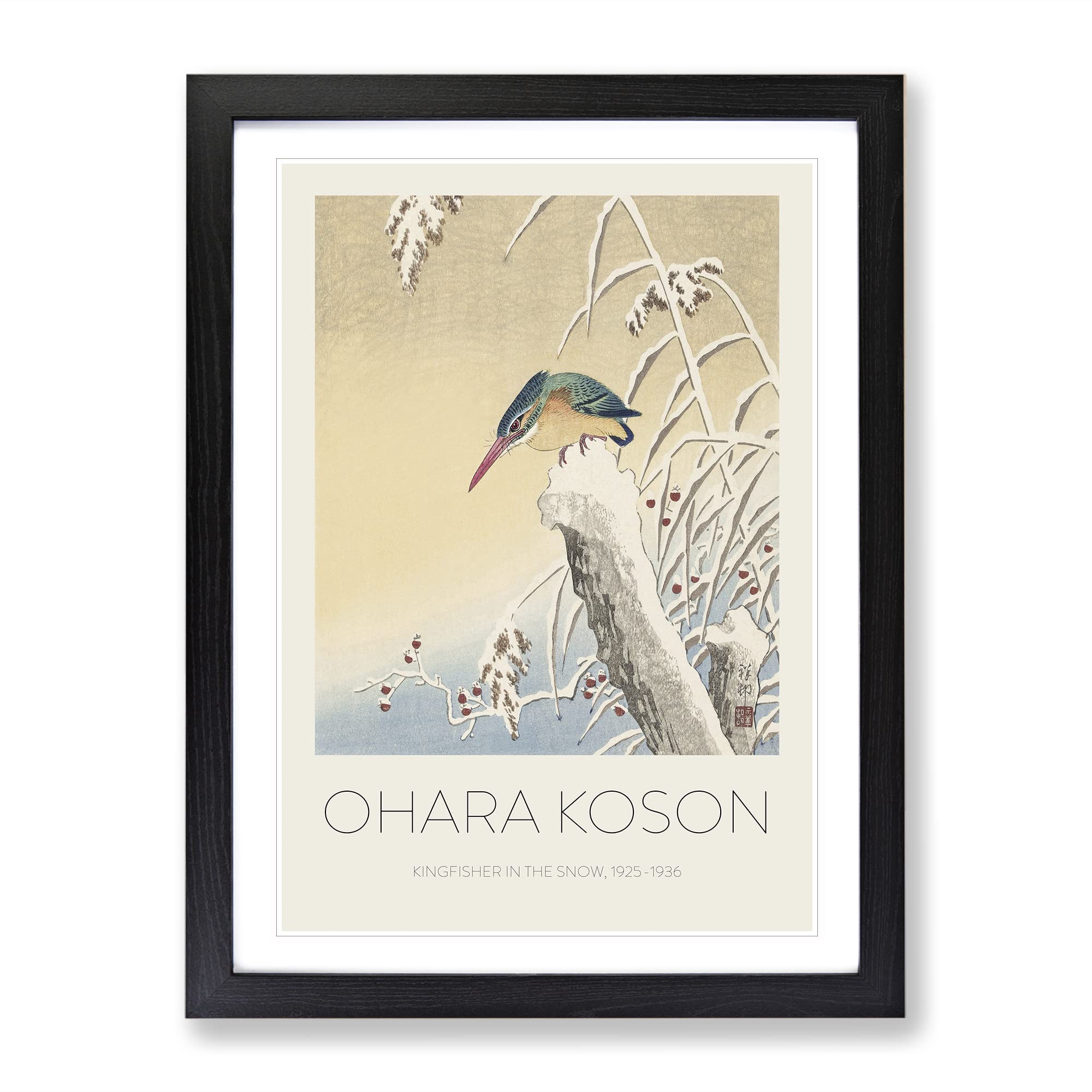 Kingfisher In The Snow By Ohara Koson Exhibition Museum Asian Japanese Framed Wall Art Print, Ready to Hang Picture for Living Room Bedroom Home Office Décor, Black A3 (34 x 46 cm)