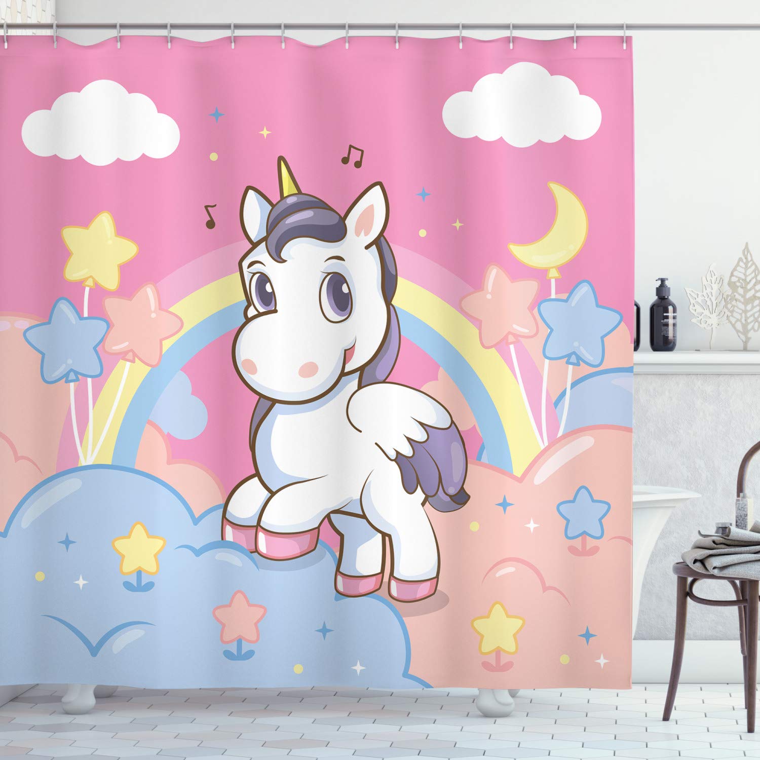 ABAKUHAUS Feminine Shower Curtain, Unicorn Rainbow and Music Notes Clouds in the Sky Art Print, Cloth Fabric Bathroom Decor Set with Hooks, 94 Inches, Yellow and Pink