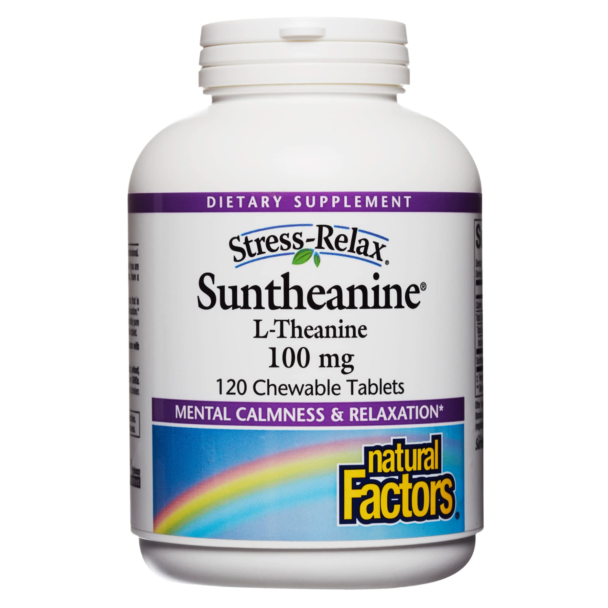 stress-relax chewable suntheanine l-theanine 100 mg by natural factors, non-drowsy stress support for mental calmness and relaxation, tropical fruit flavor, 120 tablets