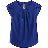 TASAMO Women's Casual Round Neck Basic Pleated Top Cap Sleeve Curved Keyhole Back Chiffon Blouse