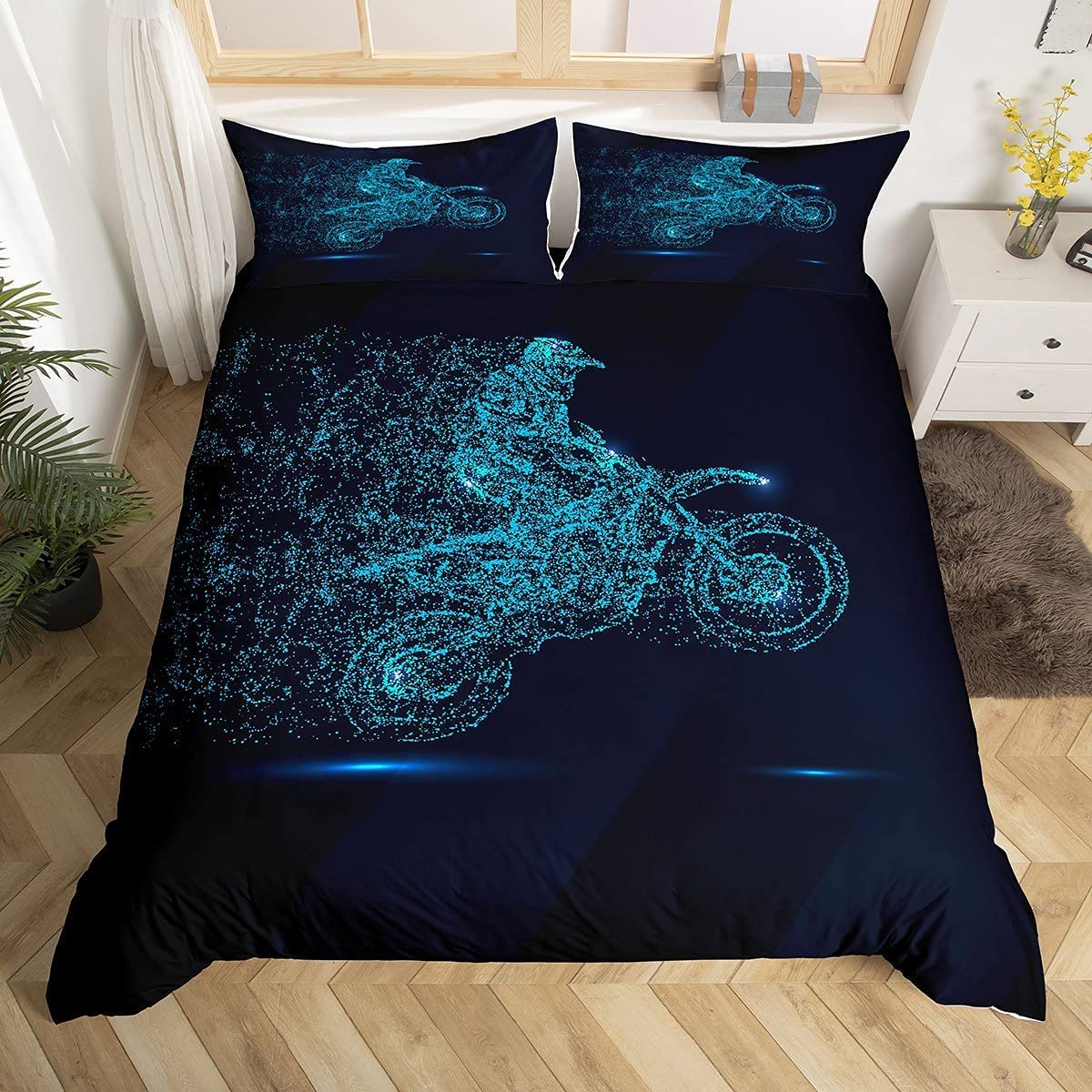 Tbrand Kids Dirt Bike Comforter Cover Set Double Size Motocross Rider Bedding Set Motorbike Sport Duvet Cover For Boys Girls Teens Motorcycle Extreme Sport Bedspread Cover For Living Room Blue