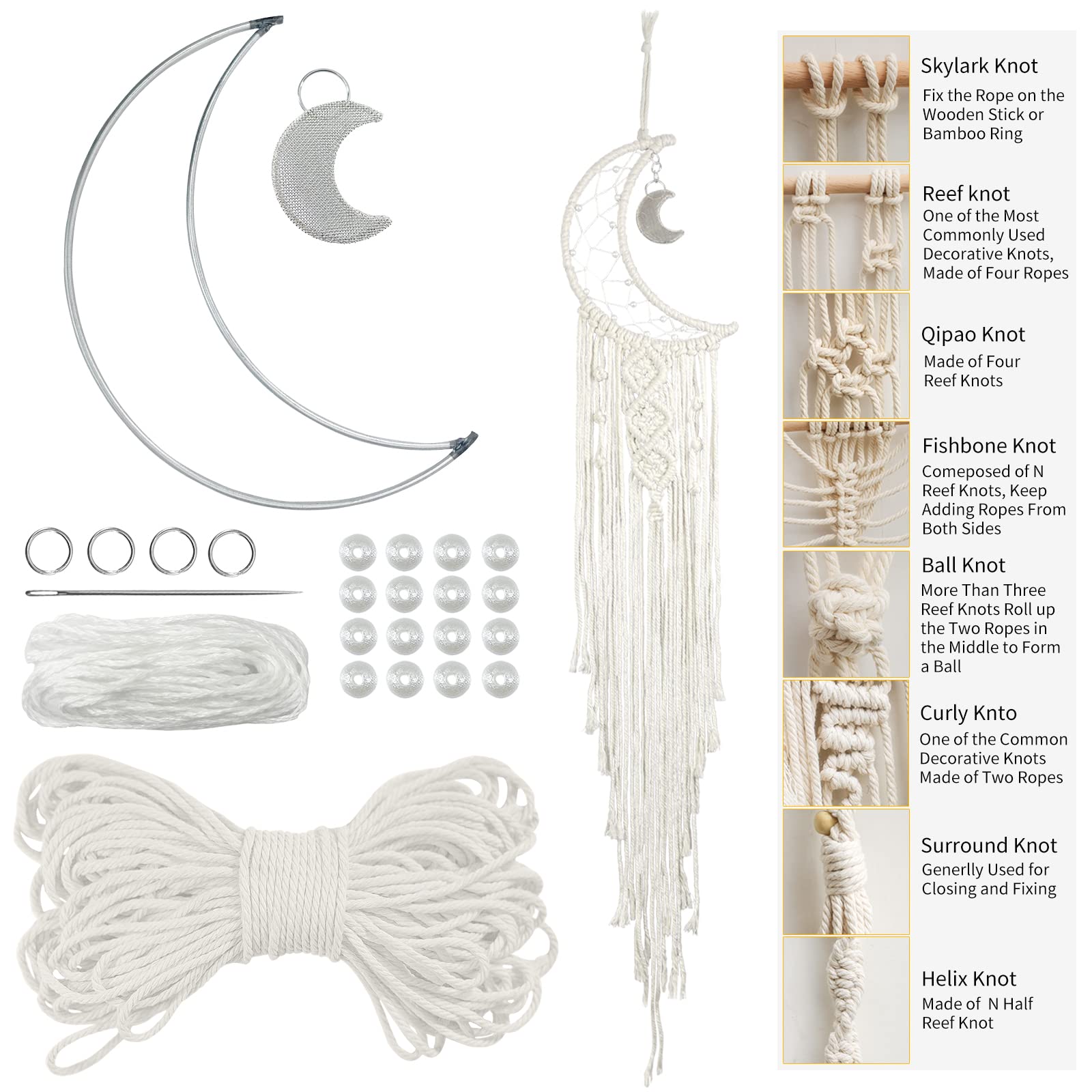 LEREATI Moon Dream Catcher Kit for Adults, DIY Macrame Kit for Beginners, Wall Hanging, Tapestry, Dreamcatcher Set Includes 3mm Macrame Cord, Metal Hoops, Beads for Crafting (Natural)