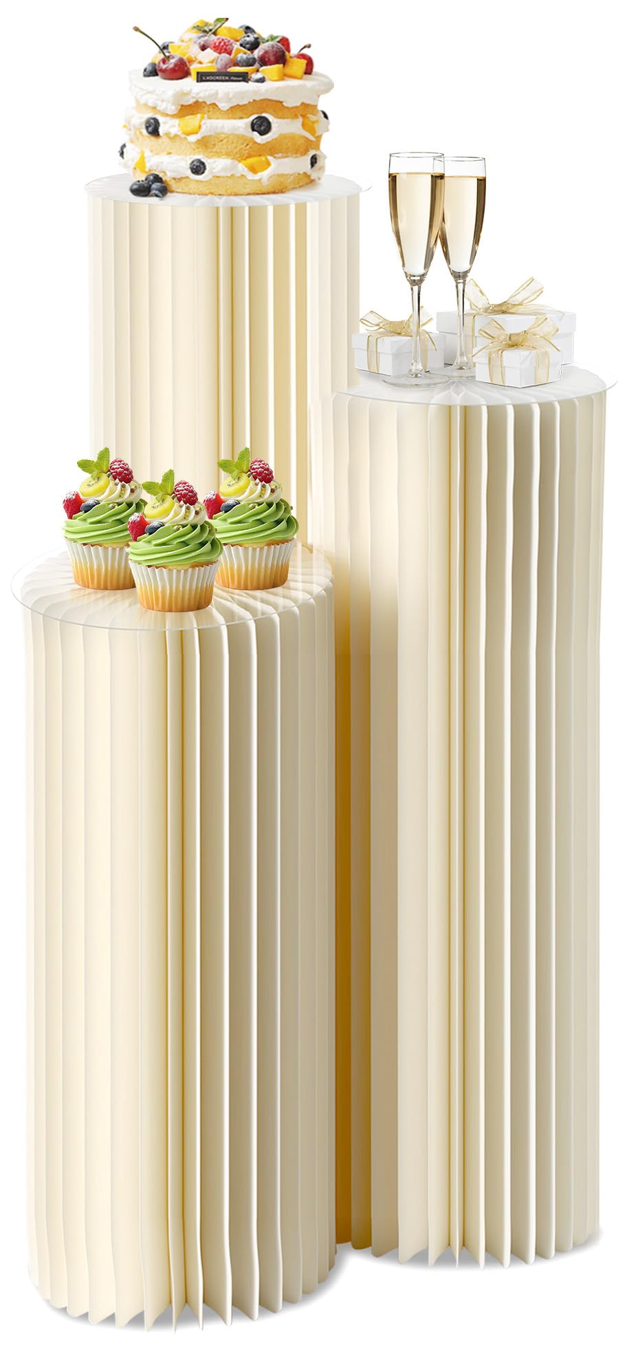 Photo 1 of 3PACK Cylinder Pedestal Stands for Party with Acrylic Disc, Round Table Centerpiece Cake Pedestal Stand for Parties Foldable Paper Columns Pillars Display for Parties Wedding Birthday Decor 10/8/6