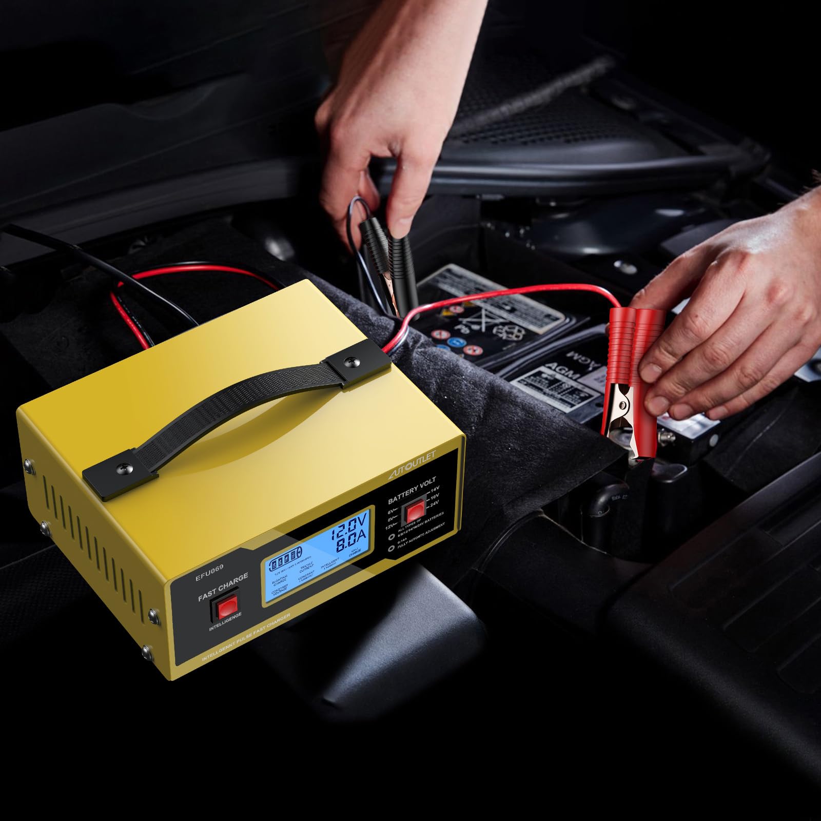 AUTOUTLET Ladegerät Autobatterie, 6/8/12/14/24V Smart vollautomatische KFZ Batterieladegerät Erhaltungsladegerät mit LCD Bildschirm, 0-14A Batterie Ladegerät für Auto Motorrad Rasenmäher Boot(Gelb) 6