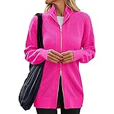 Women's Turtleneck Zip Up Cardigan Sweaters Oversized Drop Shoulder Long Sleeve Casual Solid Mesh Knit Jumper Tops