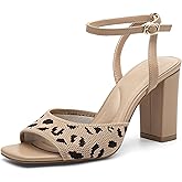 NEWBELLA Women's Square Toe Heeled Sandals - Chunky High Heels with Adjustable Ankle Strap Design, Comfort Dress Shoes for Wedding, Party, Evening, Leopard 6