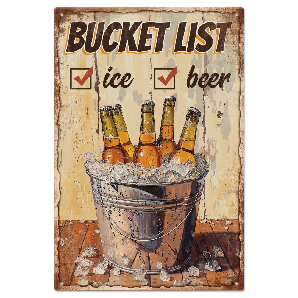 GLOBLELAND Vintage Bucket List Metal Tin Sign 8×12inch Retro Beer Funny Tin Room Door Sign Cave Signs Art Plaque Poster Wall Decor for Home Bars Cafe Pubs Club Decoration