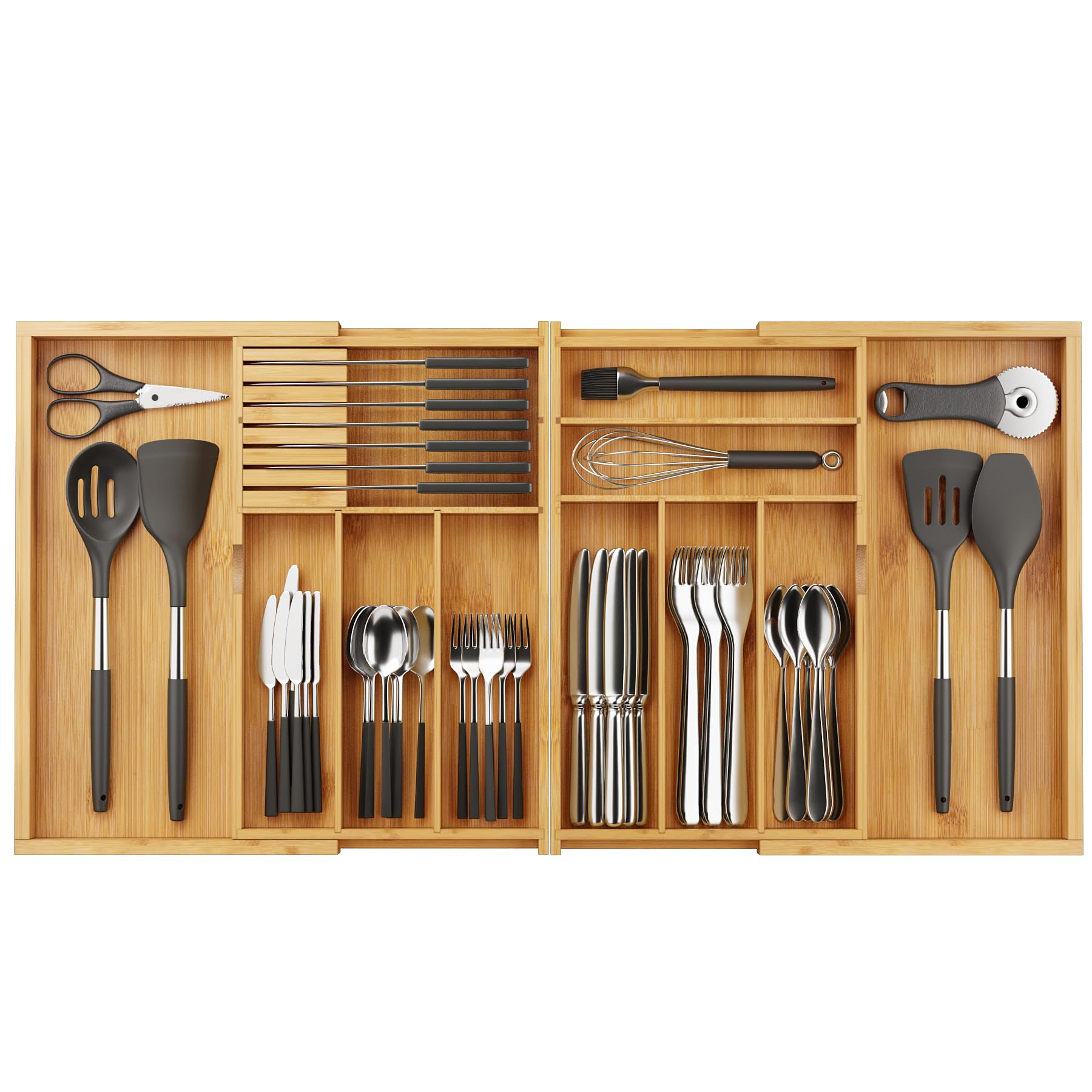 Photo 1 of BAMEOS Expandable Silverware Drawer Organizer with Removable Knife Blocks, Bamboo Kitchen Utensil Holder from 21" to 36", Large Cutlery Tray with Divider for Forks, Spoons, Knives