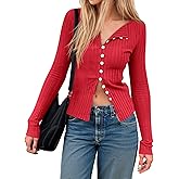 Womens Cardigans Button Down Long Sleeve Ribbed Shirts Cute Lighweight Fitted Y2K Fall Tops