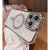 TETAW Cute for iPhone 14 Pro Max Magnetic Glitter Case,Luxury Bling Rhinestone Diamond Plated Bumper Case,Compatible with MagSafe, Sparkle Camera Lens Protection Clear Cover for Women Girls(Silver)