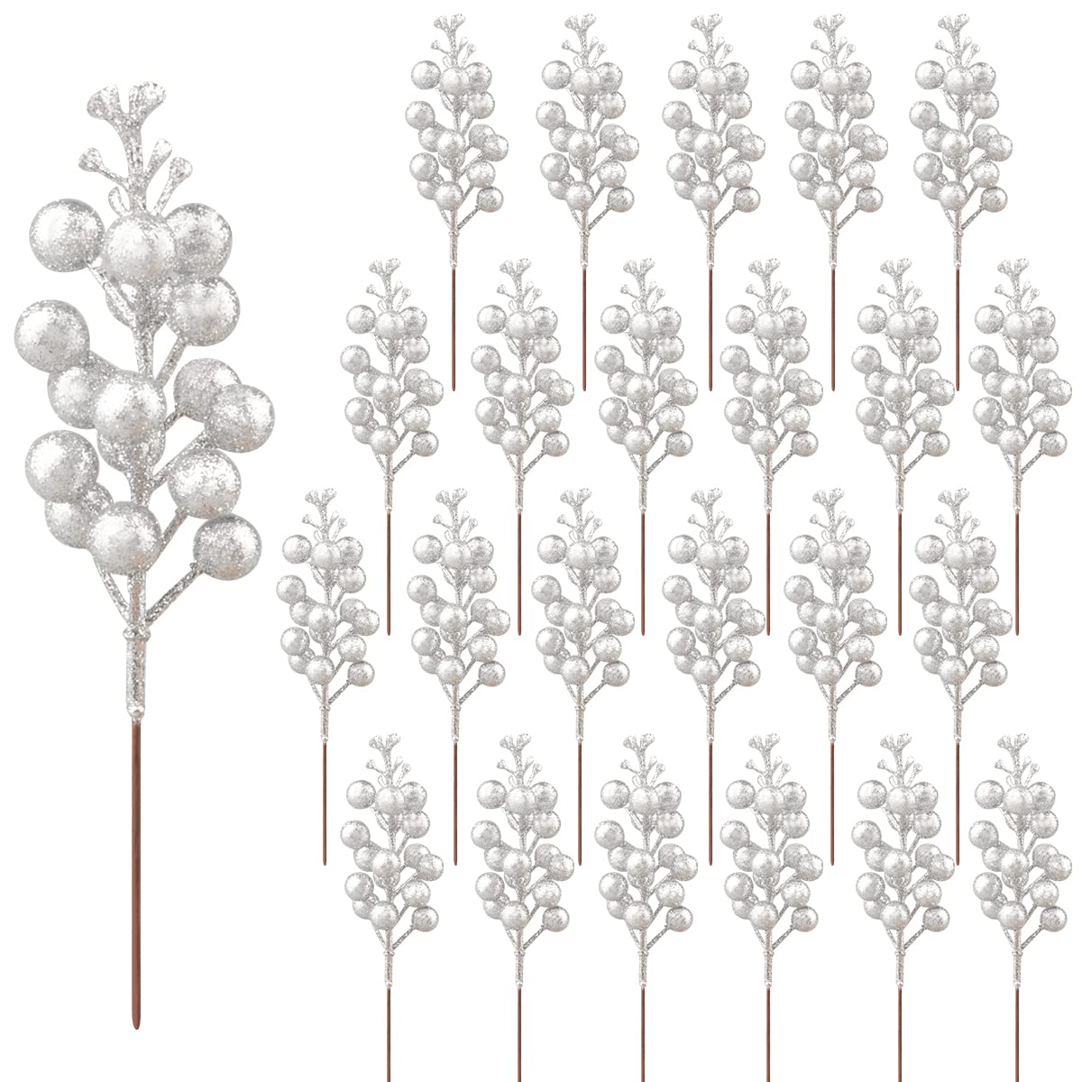 Photo 1 of 24 Pack Glitter Silver Berry Stems,7.5 Inch Christmas Sparking Silver Faux Winter Berry Sprigs,Artificial Berries Branches for Christmas Tree Garland Wreath Crafts Season Winter Home Decor