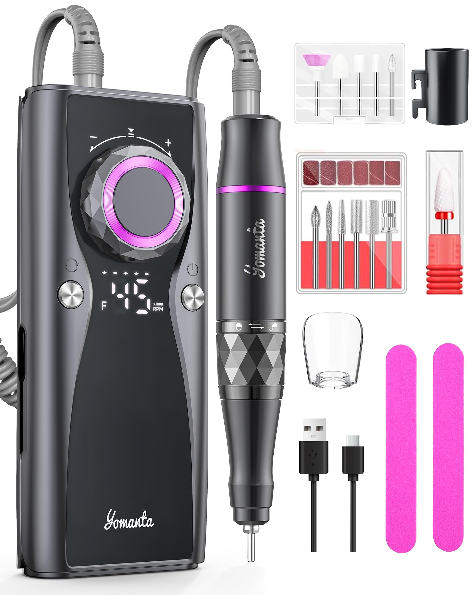 Photo 1 of Yomanta Electric Nail Drill Professional Kit: 45,000 RPM USB Rechargeable Efile Nail Drill Nail File with 12 Bits for Polishing Gel/Acrylic Nails- Portable Manicure Tool Set for Salon/Home-Black