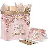 SolarGlory Rose Gold 50th Birthday Gift Bag Large 50 & Fabulous Gift Bag with Card and Tissue Papers for Women 50 years old Birthday Wrapping Paper for Fifty years old Bday Party Decorations