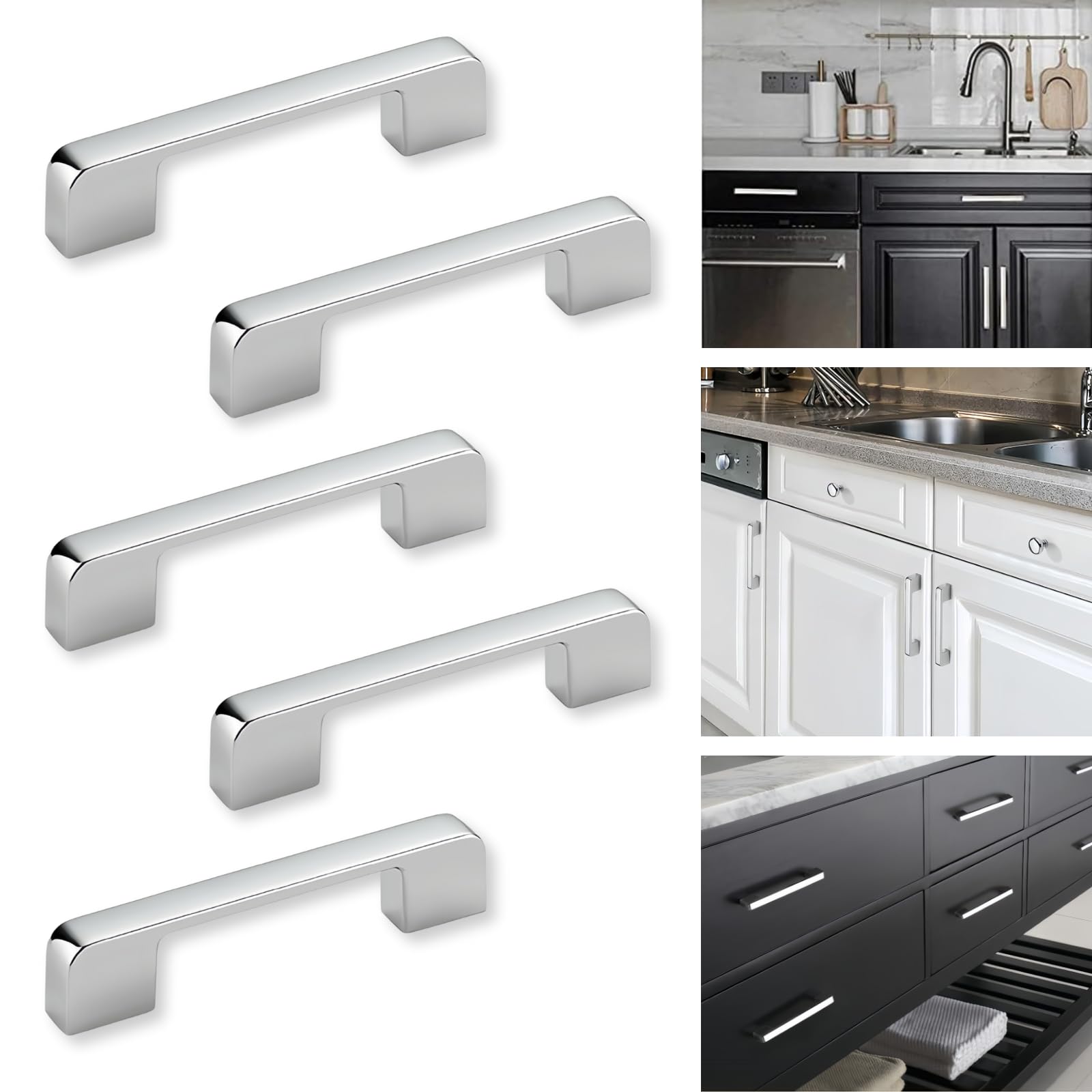 Boxonly Door Handles,96mm Hole Center Bright Chrome American Style Zinc Alloy Drawer Cupboard Wardrobe Door Handle Kitchen Hardware Cabinet Pulls 5 PCS