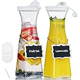 Glass Pitcher, 1 Liter Carafe for Mimosa Bar, 2 Pcs, Square Pitcher with Lid and Spout, Juice Container for Fridge, Cold Brew, Milk, Water Dispenser, Tea, Creamer, Sangria (3 Lids & 2 Spouts)
