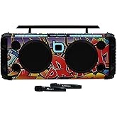 Bumpboxx Flare8 Pro Bluetooth Boombox, NYC Graffiti, 2 Wireless Mics | Rechargeable lithium-battery retro boombox with 2 wireless microphones and remote control.