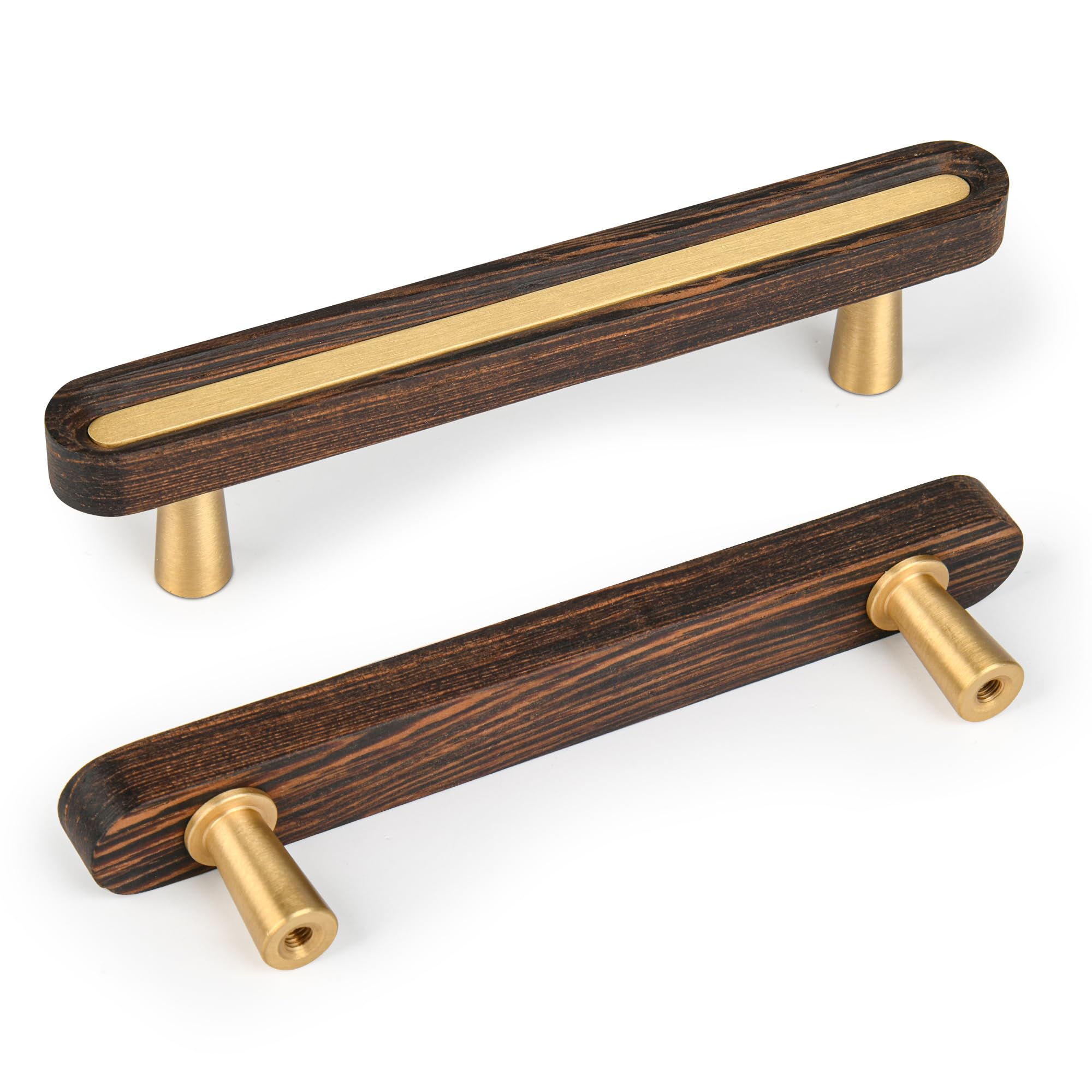 Photo 1 of SALISENG-Solid Brass and Wooden Kitchen Cabinet Pulls, 5 Pack 3-3/4 Inch Brass Dresser Drawer Handles, Modern Furniture Hardware Pulls for Bathroom Bedroom Living Cabinets