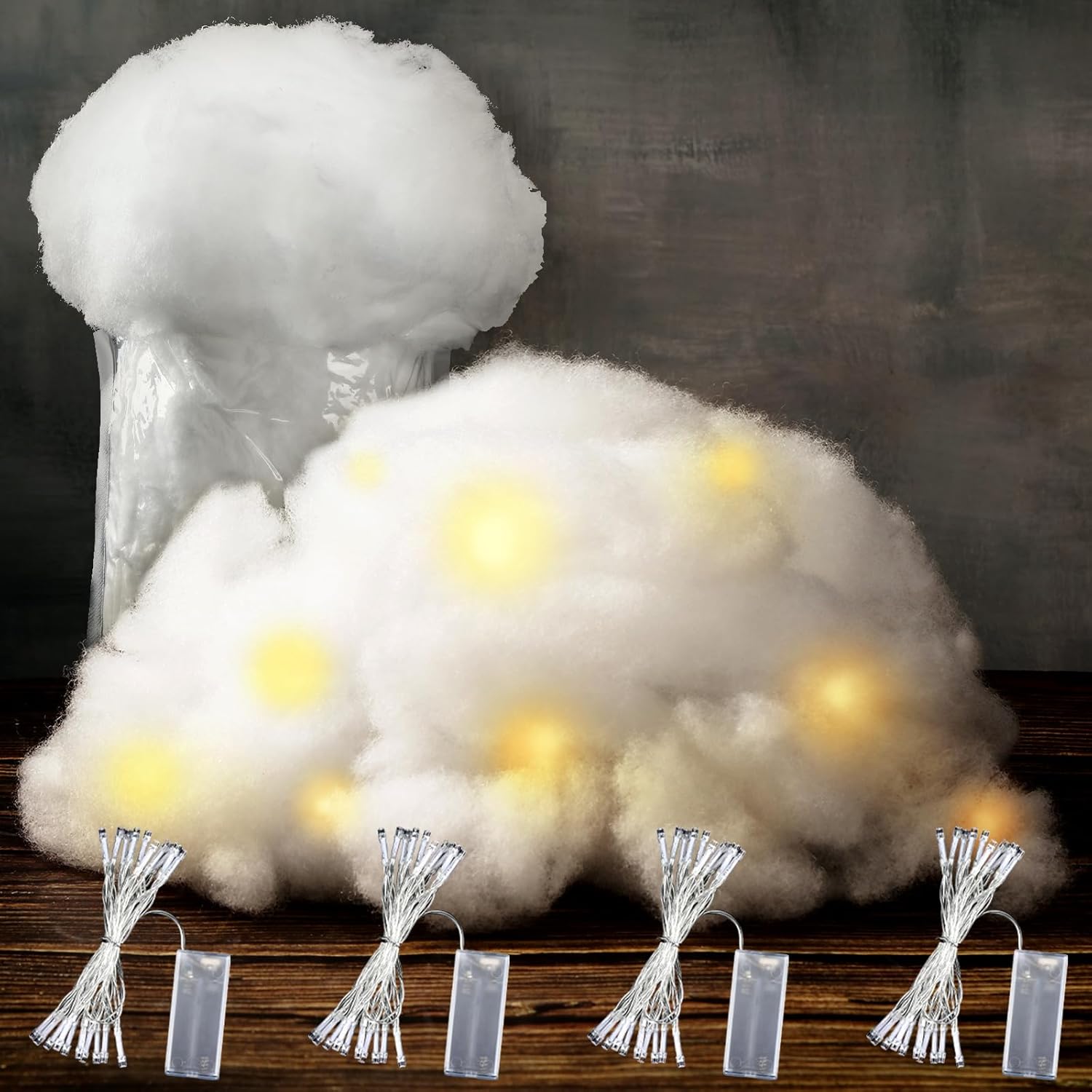 Artificial Snow - Baquler 600 g 21.2 oz Christmas Fake Snow Fluffy Snow Blankets Artificial Indoor Snow for Holiday Winter Christmas Mantle Village Tree Decoration with 4 LED Battery String Lights