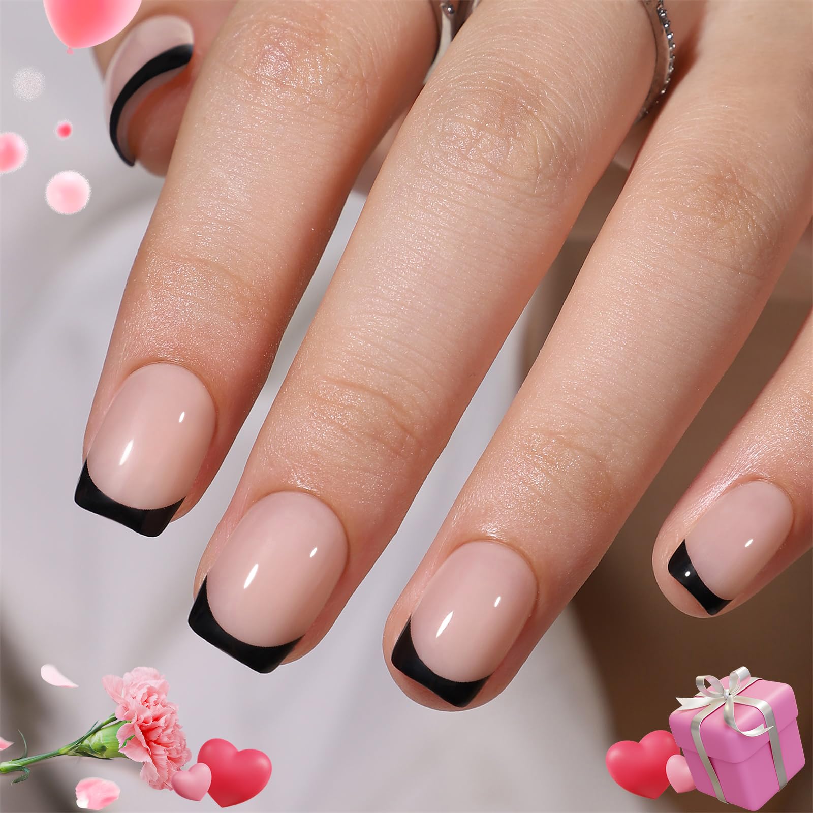 CUZIAM Press On Nails Black French Tip, 32pcs 16 Sizes Short Square Press on Nails for Women Girls, Natural Nude Stick on Nails Reusable Glossy Soft Real Salon Manicure with Nail Glue-Black French