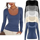 Velvelhall 5 Pack Women's Scoop Neck Tops Long Sleeve Slim Fit T Shirt Basic Tunic Tops Casual Fall Layer Undershirts Tees